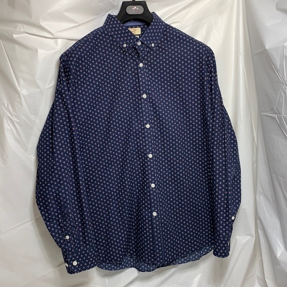 PENGUIN Blue w Red mini paisley Button Down Long Sleeve Shirt Size 17-1/2 34/35 - Picture 2 of 6